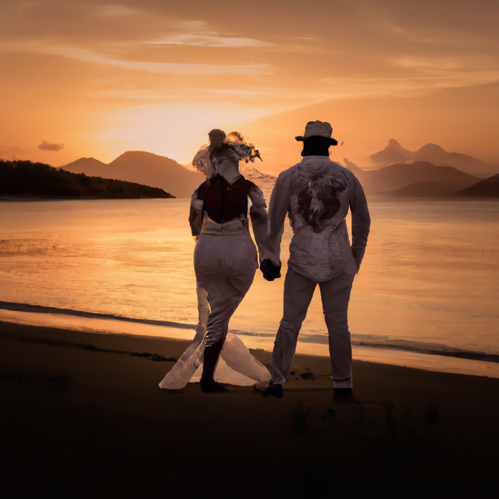 Mariage sur la plage en Martinique au coucher de soleil, lumière dorée, couple ému sur sable fin
